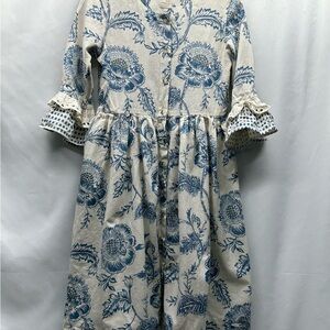 UTSA girls Prairie style button front dress blue floral 13/14 ruffle sleeves